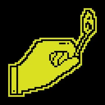 Pixel silhouette icon. Man hand holds burning match. Careful handling of fi.. Stock Illustration
