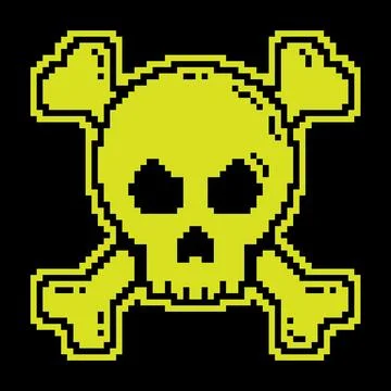 Pixel silhouette icon. Skull with crossbones, symbol of danger and threat t.. Stock Illustration