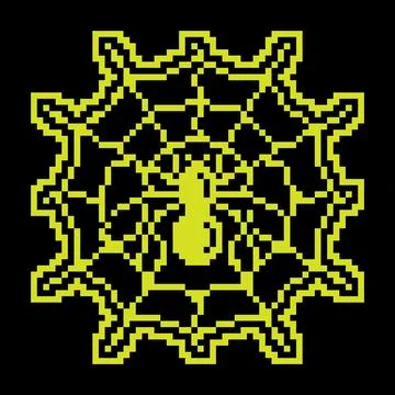 Pixel silhouette icon. Spider web withblack spider in center. Design elemen.. Stock Illustration
