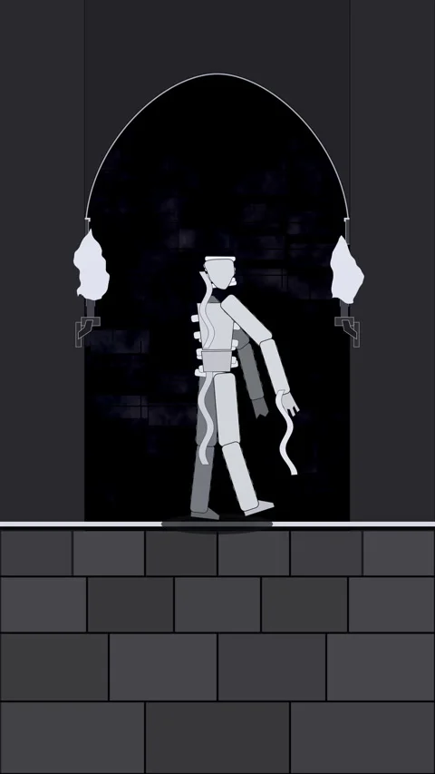 Pixel skeleton walking loop animation in dark castle corridor Stock Footage 346545189