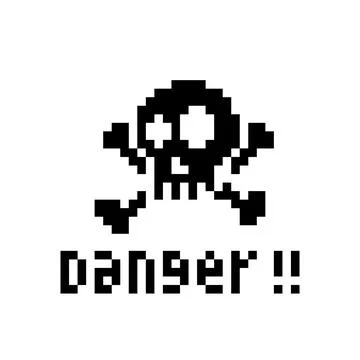 Pixel skull with danger text. Vector illustration of cross stitch and t-shirt Stock Illustration