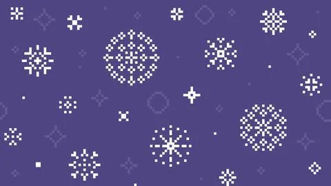 Pixel Snowflake Background with Large Decorative Winter Shapes on Purple Canv Stock Illustration
