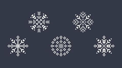 Pixel Snowflake Collection with Large Detailed Winter Symbols on Dark Backg.. Stock Illustration