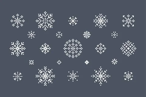 Pixel snowflake icon sheet on dark gray background Stock-Illustration