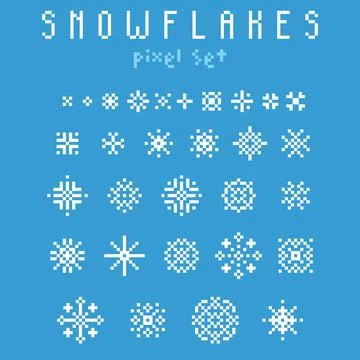 Pixel snowflake or star retro 8 bit sparkle set. Shiny winter game pixel art Stock Illustration