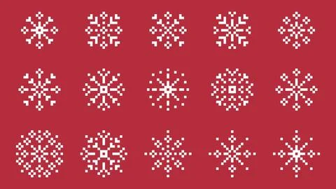 Pixel Snowflake Set of Decorative Winter Icons on Red Background Stock Illustration