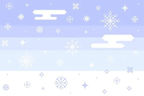 Pixel snowflake winter sky background with soft clouds Illustrazione stock