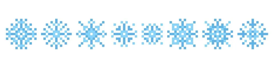 Pixel snowflakes. Christmas winter elements, 8 bit game assets, simple crystals Illustrazione stock