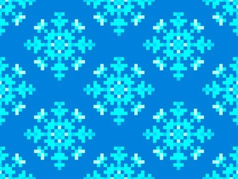 Pixel snowflakes seamless pattern. Christmas winter background in pixel art.. Illustrazione stock