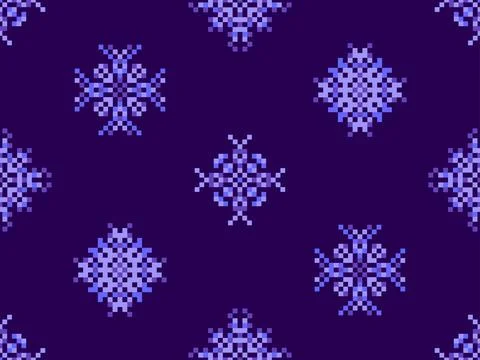 Pixel snowflakes seamless pattern. Christmas winter background in pixel art.. Stock-Illustration