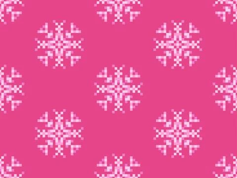 Pixel snowflakes seamless pattern. Christmas winter background in pixel art.. Stock Illustration
