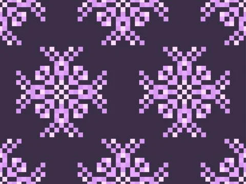 Pixel snowflakes seamless pattern. Christmas winter background in pixel art.. Illustrazione stock