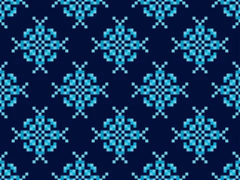Pixel snowflakes seamless pattern. Christmas winter background in pixel art.. Stock Illustration