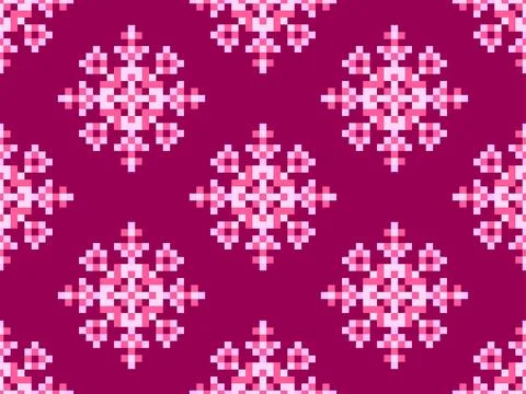 Pixel snowflakes seamless pattern. Christmas winter background in pixel art.. Illustrazione stock