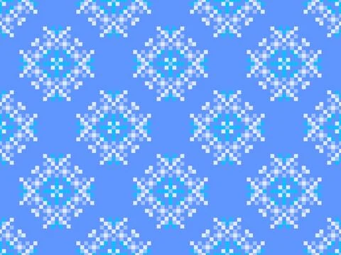 Pixel snowflakes seamless pattern. Christmas winter background in pixel art.. Illustrazione stock