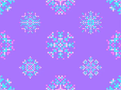 Pixel snowflakes seamless pattern. Christmas winter background in pixel art.. Illustrazione stock