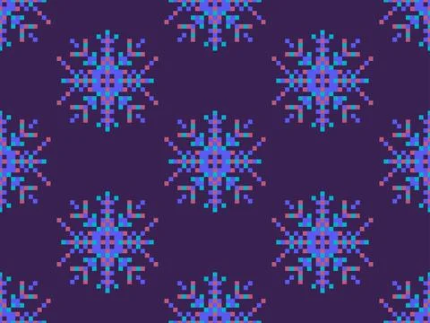 Pixel snowflakes seamless pattern. Christmas winter background in pixel art.. Illustrazione stock