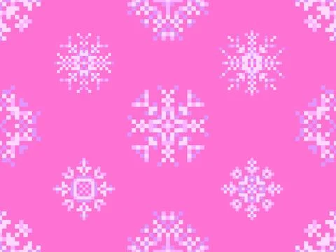 Pixel snowflakes seamless pattern. Christmas winter background in pixel art.. Illustrazione stock