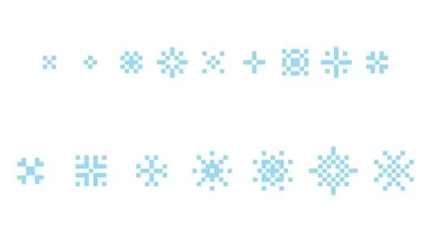 Pixel snowflakes set. Retro 8-bit video-game sprite symbols of winter snow stars Stock Illustration