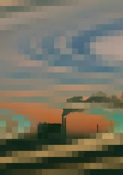 Pixel sorting glitch art of an industrial factory with smoking chimney Stock Illustration