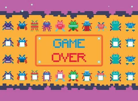 Pixel space game interface with game over button Stock Illustration