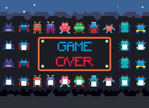 Pixel space game interface with game over button Illustration
