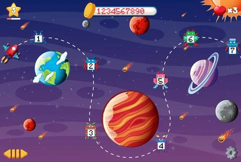 Pixel space game interface with planets Stock Illustration