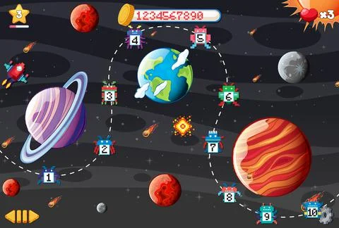 Pixel space game interface with planets 스톡 일러스트