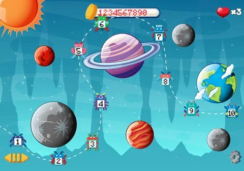 Pixel space game interface with planets Illustration