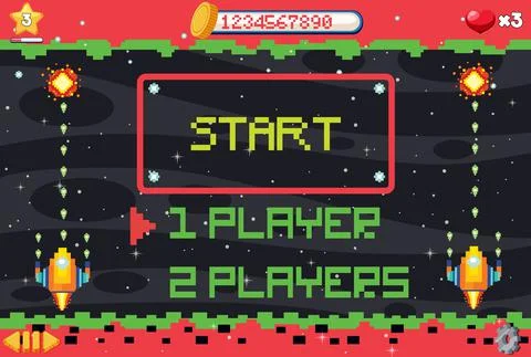Pixel space game interface with start button Stock Illustration