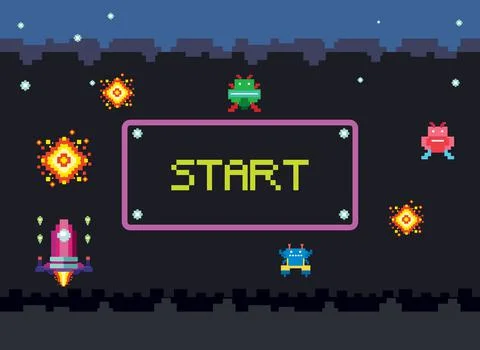 Pixel space game interface with start button Illustration