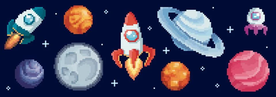 Pixel space planet set with rocket ship イラスト素材
