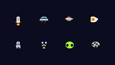 Pixel Space Rocket Alien and Planet Icons Vector Stock-Illustration