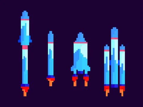 Pixel spaceships icon set. Space rockets in 8-bit retro graphic style of th.. Stock Illustration