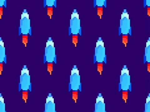 Pixel spaceships seamless pattern. Space rockets in 8-bit retro graphic sty.. Stock Illustration