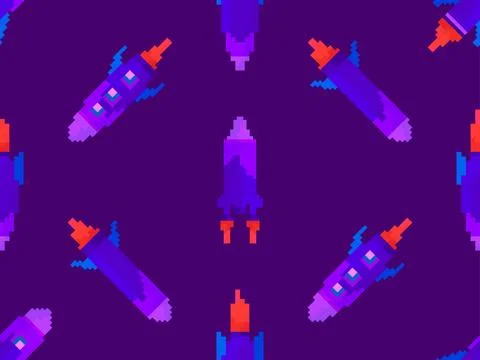 Pixel spaceships seamless pattern. Space rockets in 8-bit retro graphic sty.. 库存插图
