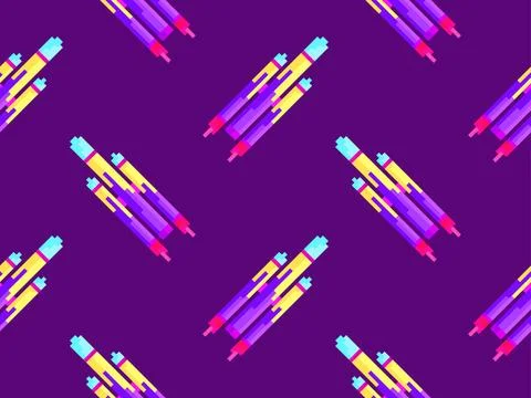 Pixel spaceships seamless pattern. Space rockets in 8-bit retro graphic sty.. 库存插图
