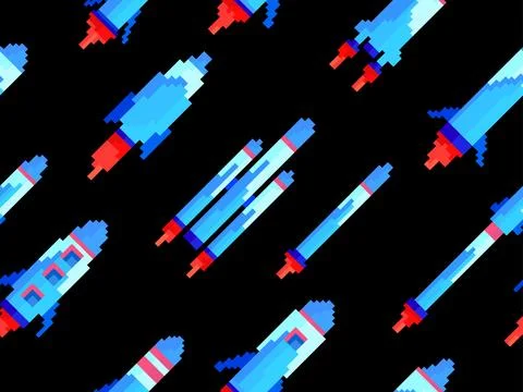Pixel spaceships seamless pattern. Space rockets in 8-bit retro graphic sty.. Illustrazione stock