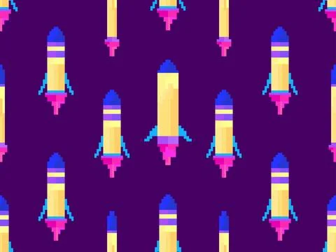 Pixel spaceships seamless pattern. Space rockets in 8-bit retro graphic sty.. Stock Illustration