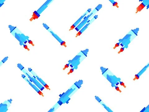 Pixel spaceships seamless pattern. Space rockets in 8-bit retro graphic sty.. Stock Illustration