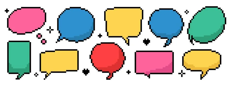 Pixel speech bubble set. 8-bit message box, chat frame and conversation bal.. Stock-Illustration