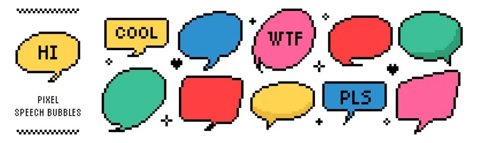 Pixel speech bubble set. 8-bit retro chat balloons and dialog boxes. Fun co.. Stock Illustration