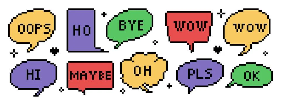 Pixel speech bubble set. 8-bit comic style talk balloons, retro chat boxes,.. Stock Illustration