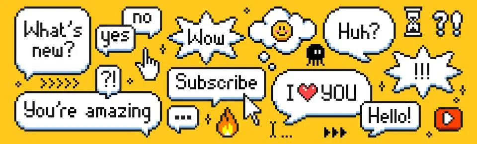 Pixel speech bubble set with retro phrases イラスト素材