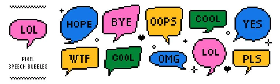 Pixel speech bubbles and dialog boxes set. 8-bit retro game style chat fram.. Stock Illustration