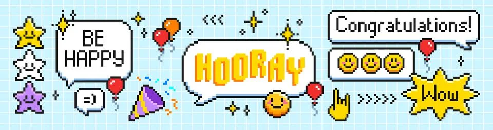 Pixel speech bubbles and icons set Illustration