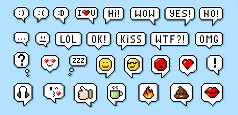 Pixel speech bubbles, chatting icon. Pixelated dialog box. Retro 8 bit pixel Stock Illustration