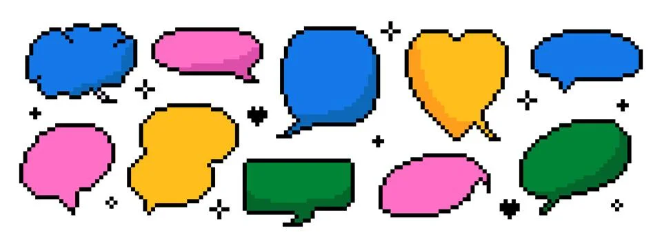 Pixel speech bubbles for game design. Set of 8-bit retro talk balloons, emp.. Stock Illustration