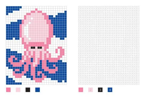 Pixel squid cartoon in the coloring page with numbered squares イラスト素材