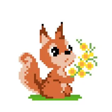 Pixel squirrel holding flowers. Vector illustration of a cross stitch pattern Stockillustratie